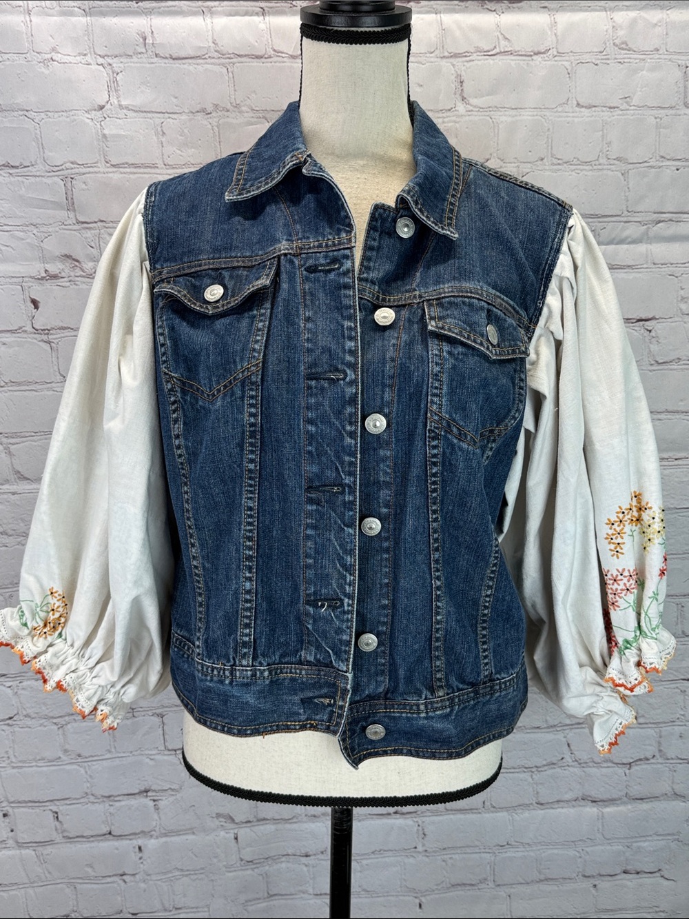 Reworked Denim Vest Vintage Cross Stitch Pagoda embroidered bishop sleeves M